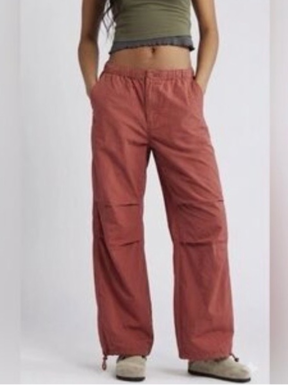 BP Nordstrom Ripstop Relaxed Parachute Pants Straight Wide Leg Ankle Tie Rust XS